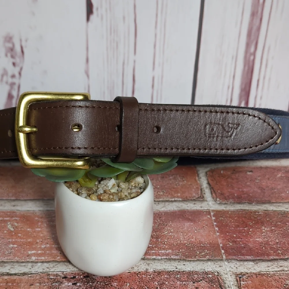 Vineyard Vines Lighthouse Belt Brown Leather and Blue‎ Canvas Size 32 Nautical